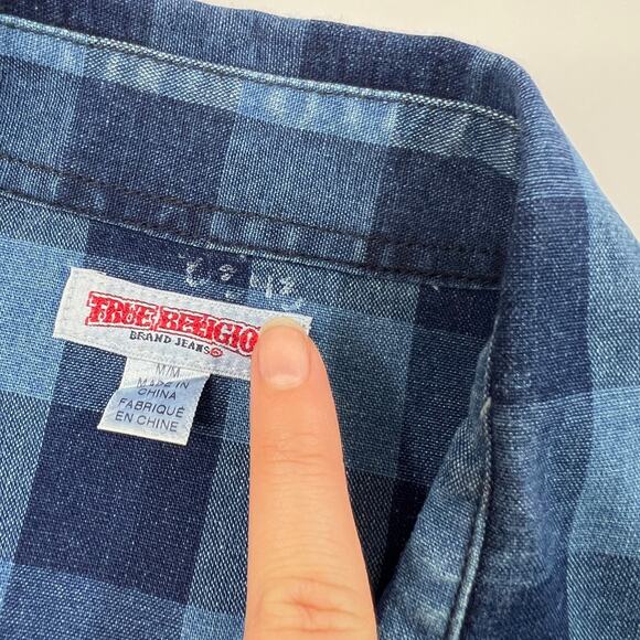 True Religion Shirt Men M Medium Blue Plaid Long Sleeve Collared Pockets Utility - Picture 7 of 13